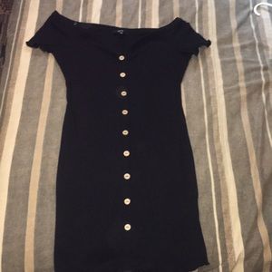 Slim, off the shoulder, button up, black dress